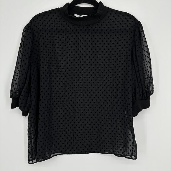 Zara Black Sheer Blouse Short Puff Sleeve Velvet Polka Dot Mock Neck Womens M - Picture 1 of 4